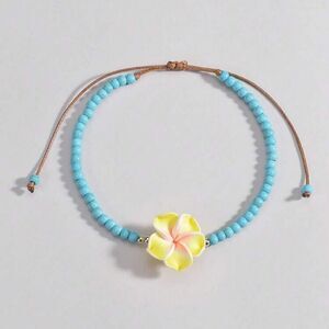 Anthropologie Turquoise Beaded Anklet with Yellow Pink Flower Charm